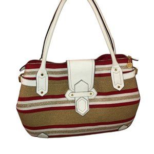 Eric Javits GORGEOUS red white leather luxury basket weave hand bag 16x8"